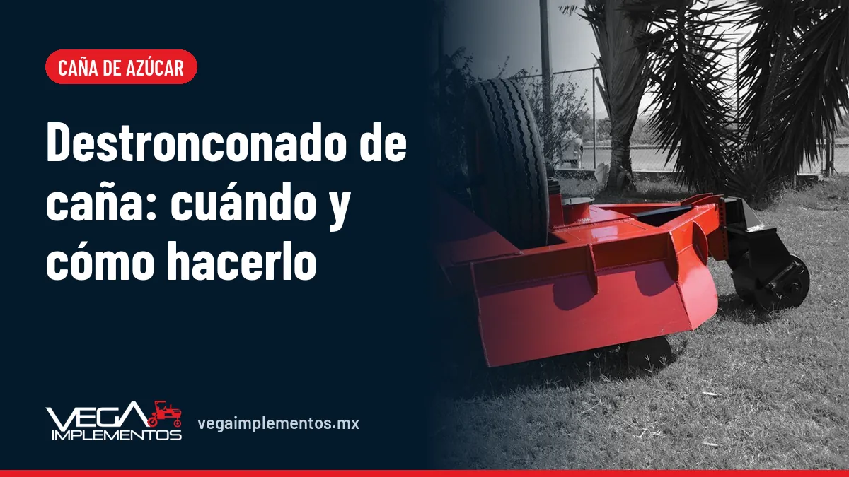Destronconadora o rebotadora de caña Vega Implementos, de chasis rojo con llanta motriz y rueda de acero para nivelar el corte